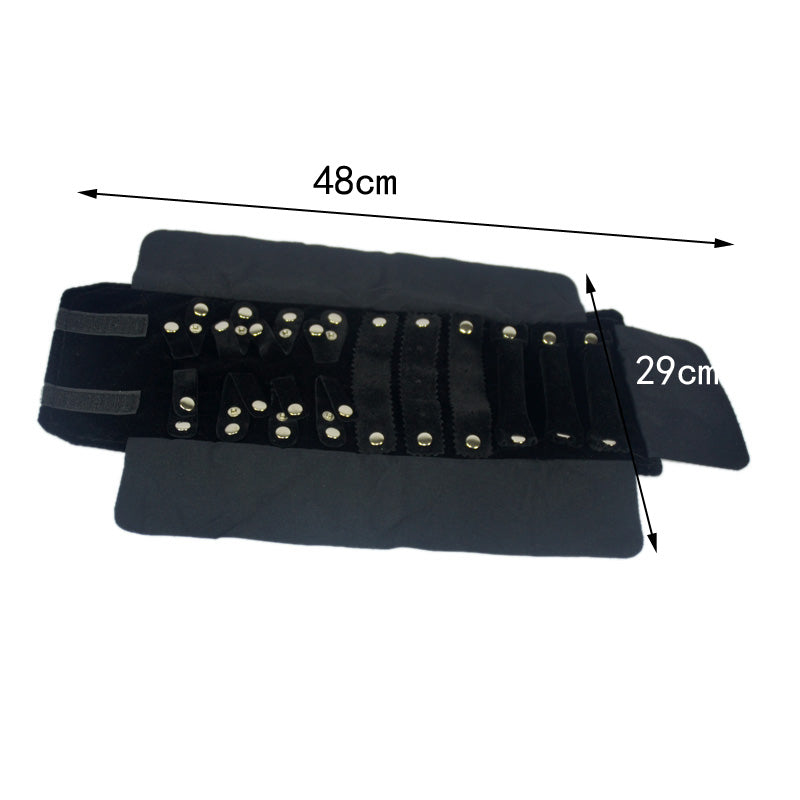 Black jewellery roll organiser; jewellery shown is not included