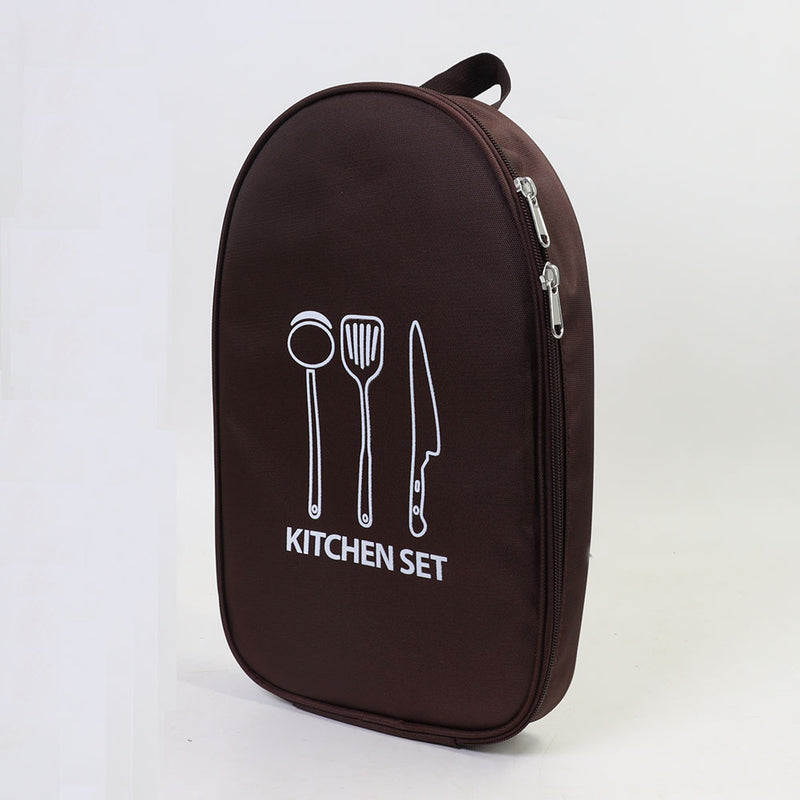Brown camp kitchen organiser bag; utensils and other contents are not included