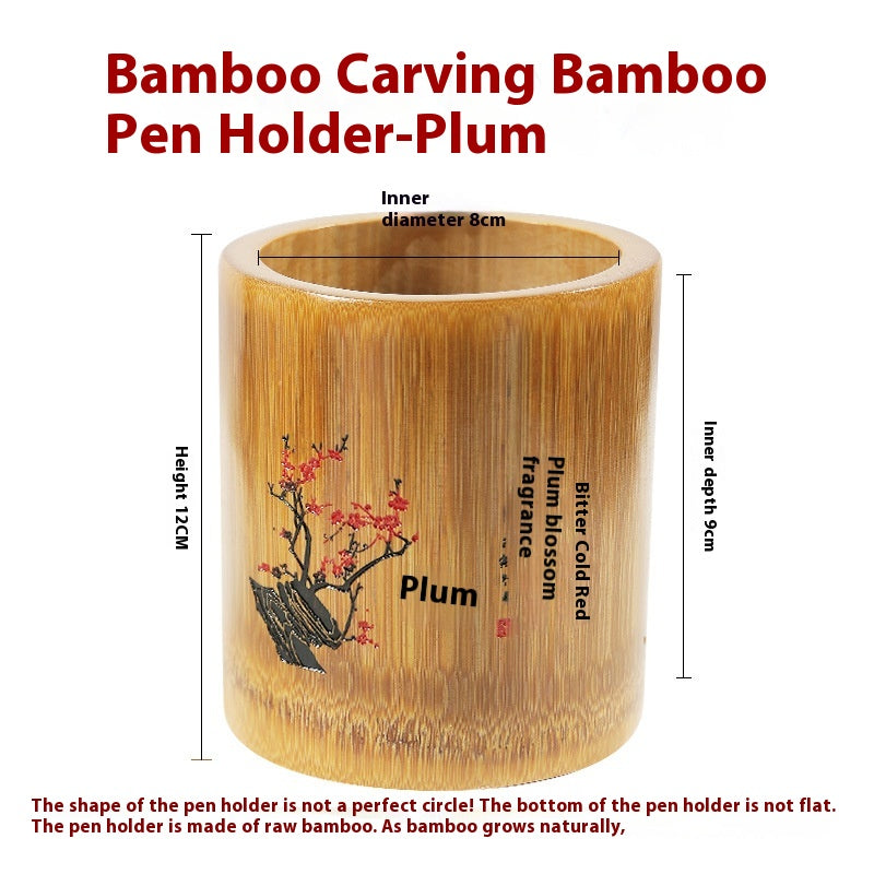 Single bamboo pen cup with plum blossom motif and supplier dimension guide