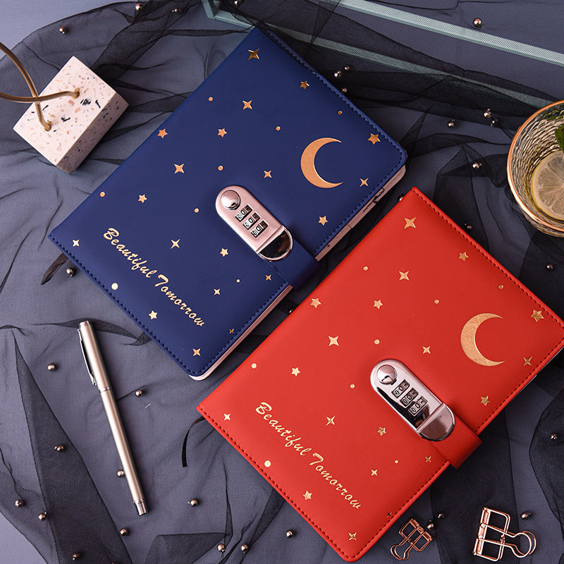 Red and navy celestial-pattern combination-lock diaries; listing is for one diary
