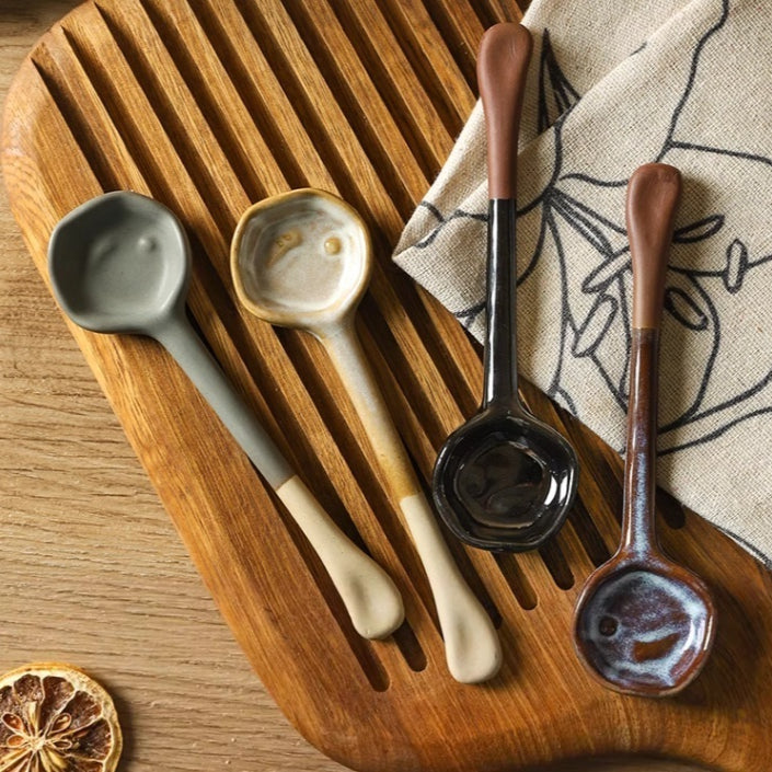 Four colour options of ceramic long-handle spoons; listing is for one spoon