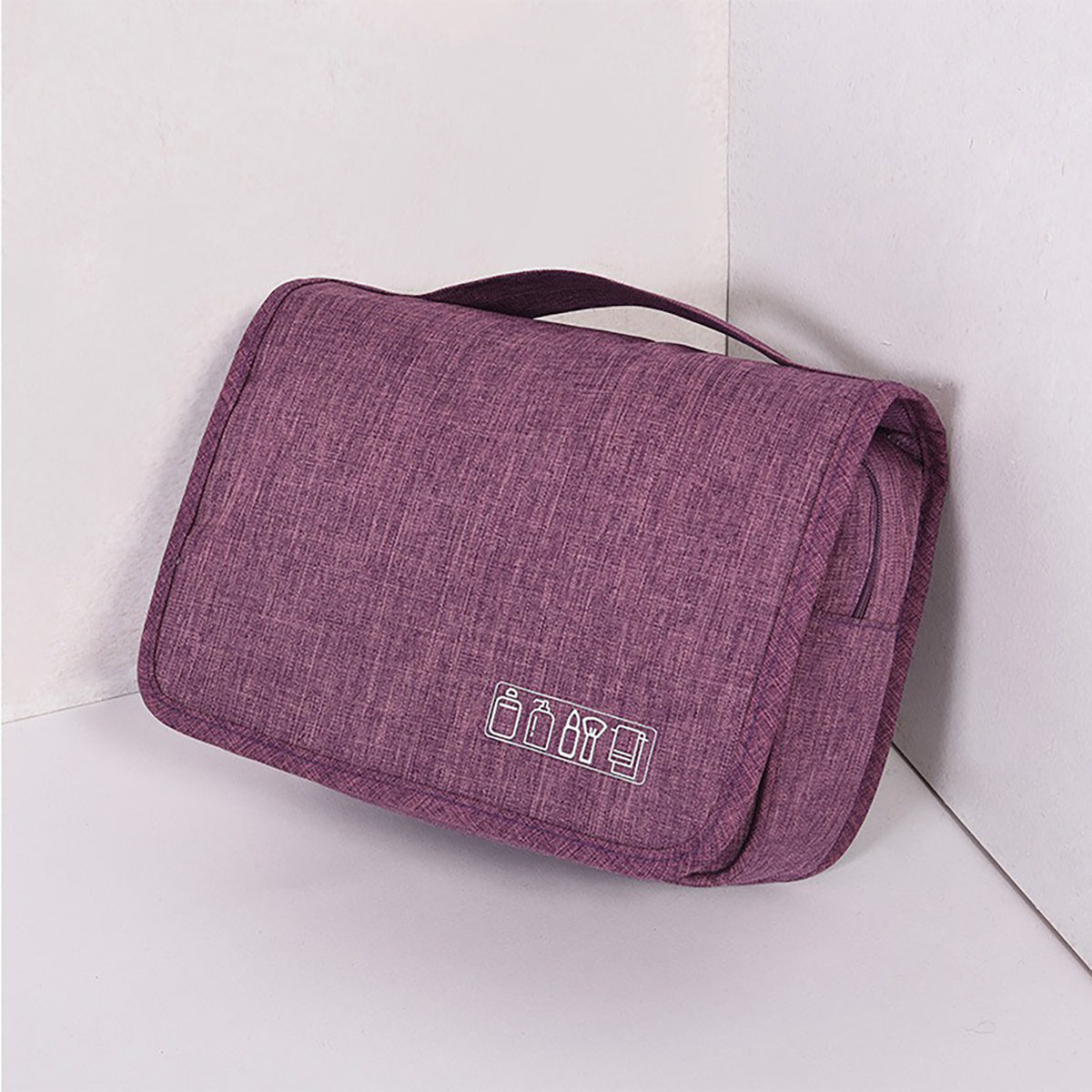 Purple hanging toiletry organiser closed