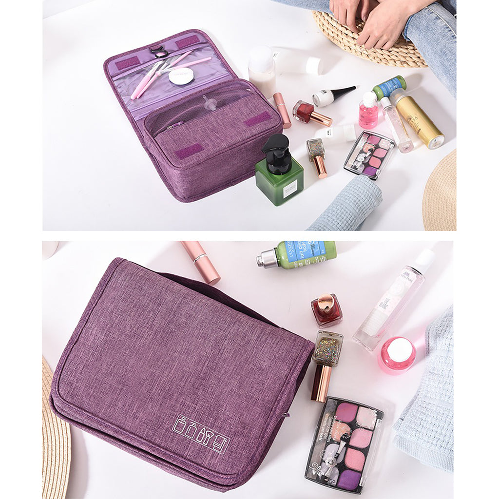 Purple hanging toiletry organiser shown open and closed; toiletries shown for styling