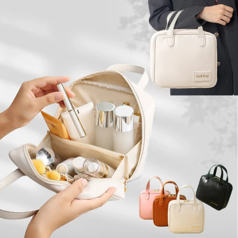 Ivory shell makeup organiser shown open, with cosmetics for styling