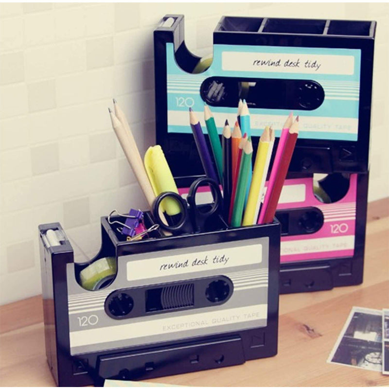 Cassette-shaped desktop organisers in assorted colours with stationery for styling