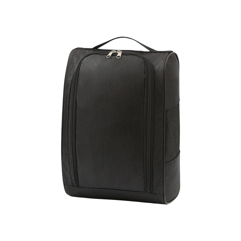 One black travel shoe pouch with a carry handle, twin zipper pulls and side mesh panel